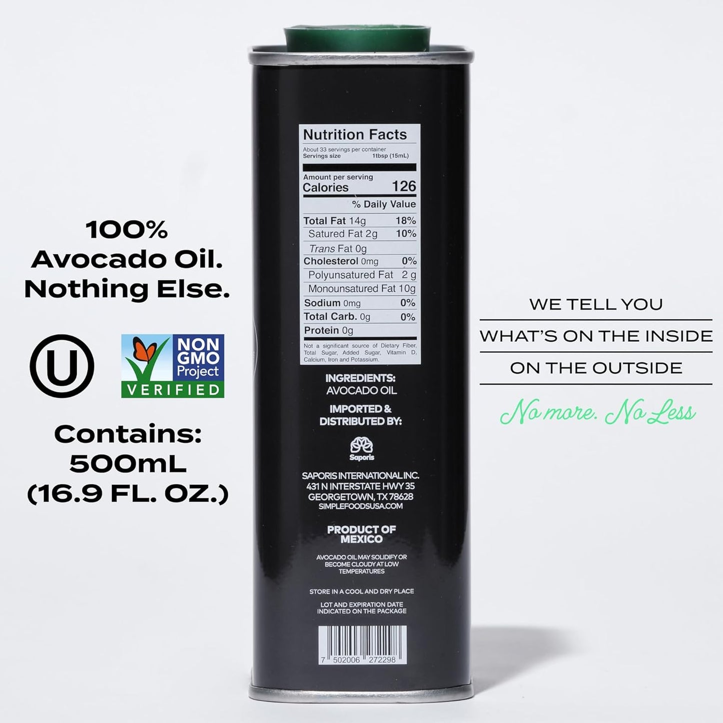 Simple Foods Avocado Oil - 100% Pure, Non-GMO, High Smoke Point, Mild Flavor 16.9 oz