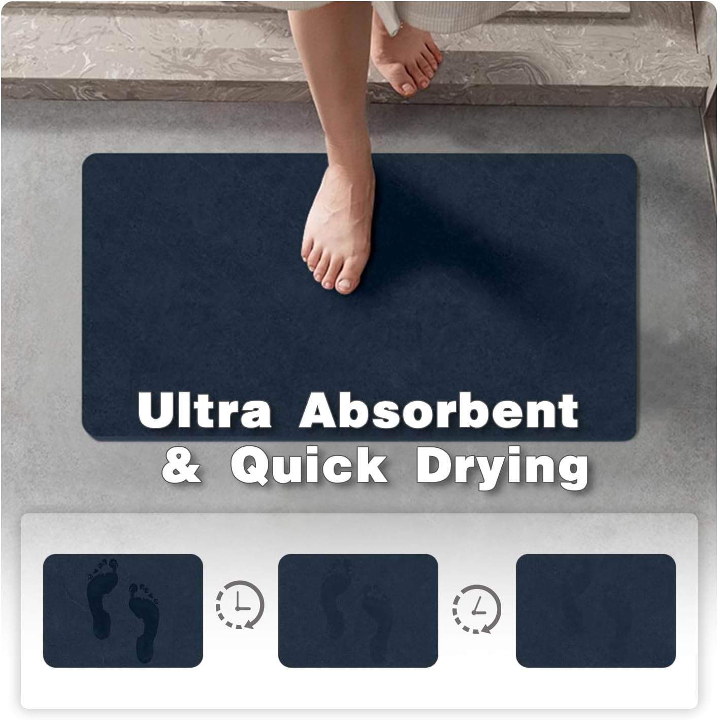 Bathroom Mat Quick Dry, Bathroom Rugs Non Slip Washable Thin Absorbent Bath Mat Fits Under Door Bathroom Floor Mat Perfect for Bath, Shower, or Sink 24"x48" Navy Blue
