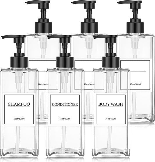 Tanlade 6 Pcs Shampoo and Conditioner Dispenser Bottles 16oz Modern Shower Soap Bottles with Pump, Labels and Marker Pen Easy to Refill Body Wash Dispensers for Home Bathroom Decoration(Clear)