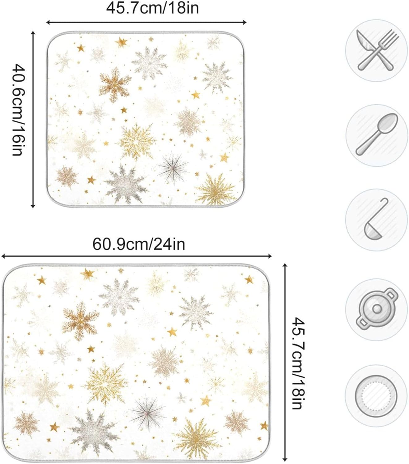 Winter Snowflake White Dish Drying Mat for Kitchen Countertop 16x18 Christmas Snow Golden Xmas Small Drying Mat Reusable Quick Dry Dish Sink Mats Easy Clean Decorative Essentials