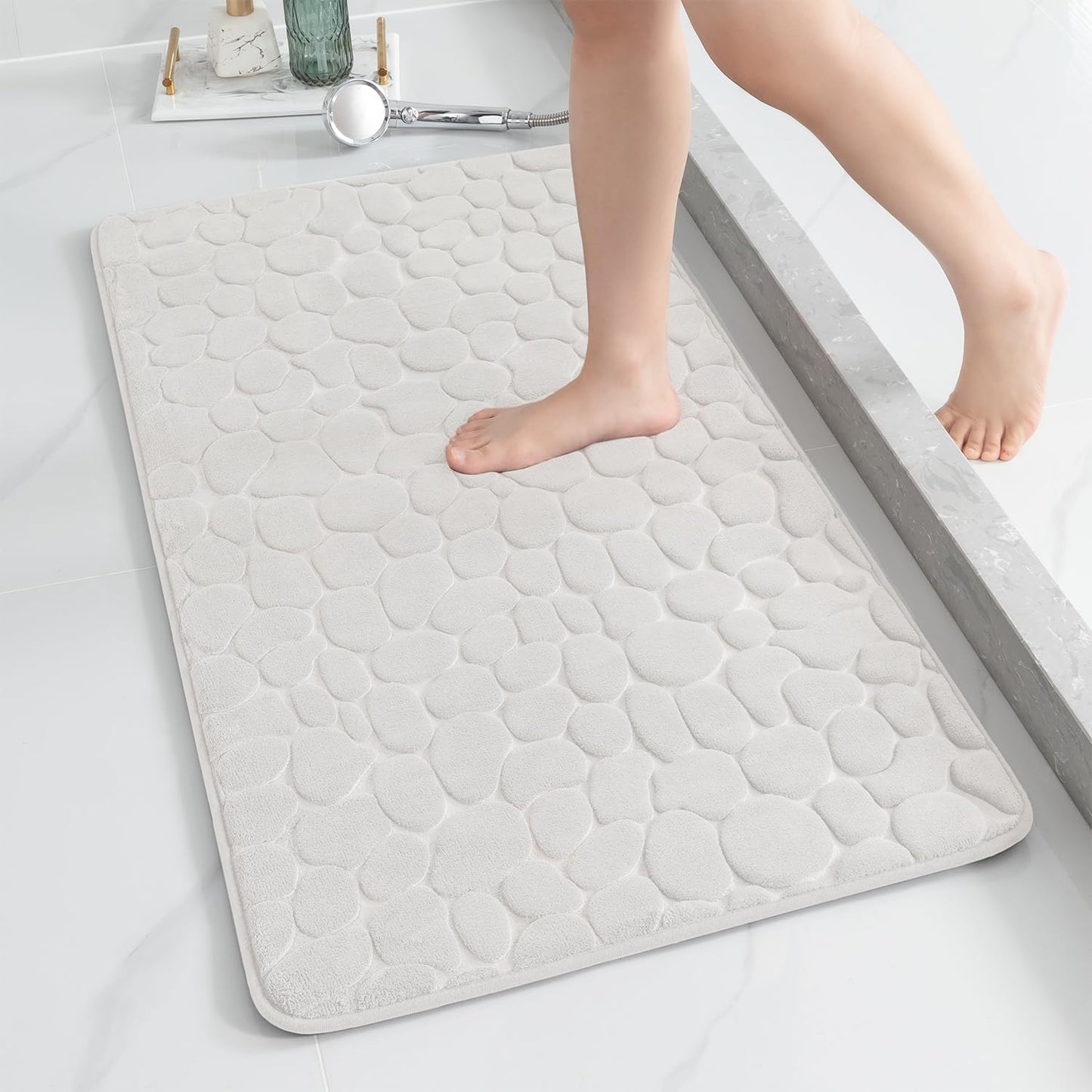 YIHOUSE Memory Foam Runner Rug, Cobblestone Bathroom Runner Rugs Super Water Absorbent Bath Mats for Bathroom Machine Washable Bath Rugs Runner for Hallway Bedroom Laundry Room(24 x 47,White)