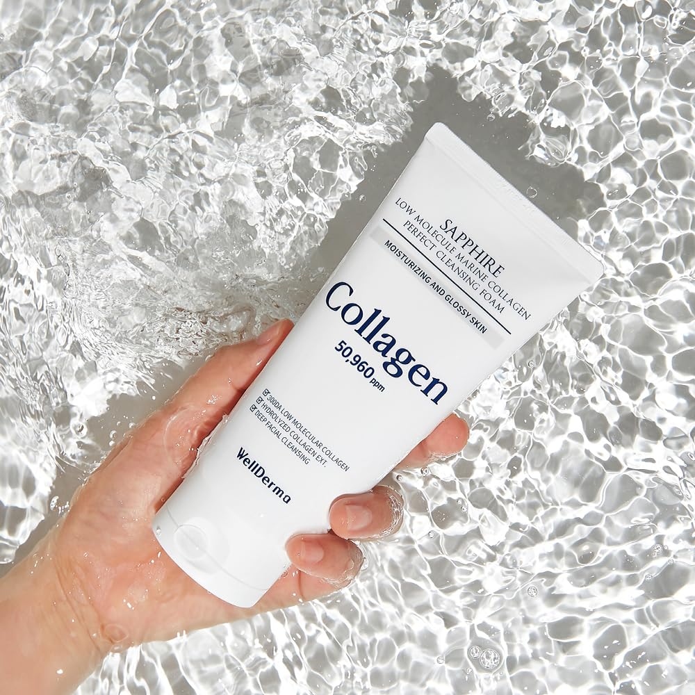 WELLDERMA Sapphire Collagen Cleansing Foam, 150mL – Gentle Facial Cleanser with Hydrolyzed Collagen & Glycerin, Moisturizing Creamy Lather