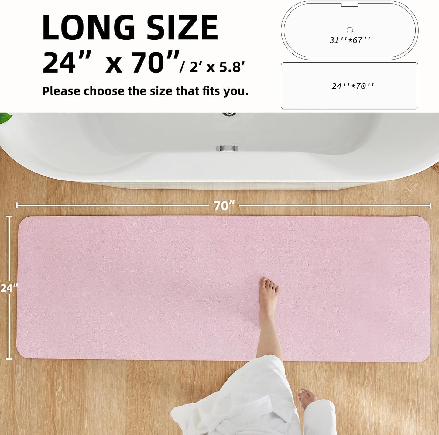 Pink Bath Mat, Bathroom Rugs Non Slip Washable Thin Absorbent Quick Dry Bath Mat Fits Under Door Bathroom Floor Mat Perfect for Bath, Shower, or Sink 24"x70" Pink