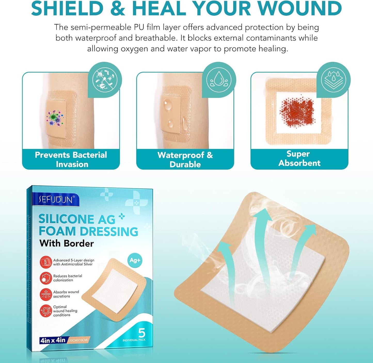 Silicone Foam Dressing Ag Sterile Wound Bandage with Waterproof Gentle Silicone Adhesive Border (5 Packs), 4"x 4" Breathable Ultra Absorbent Pads (4x4 Inch (Pack of 5))