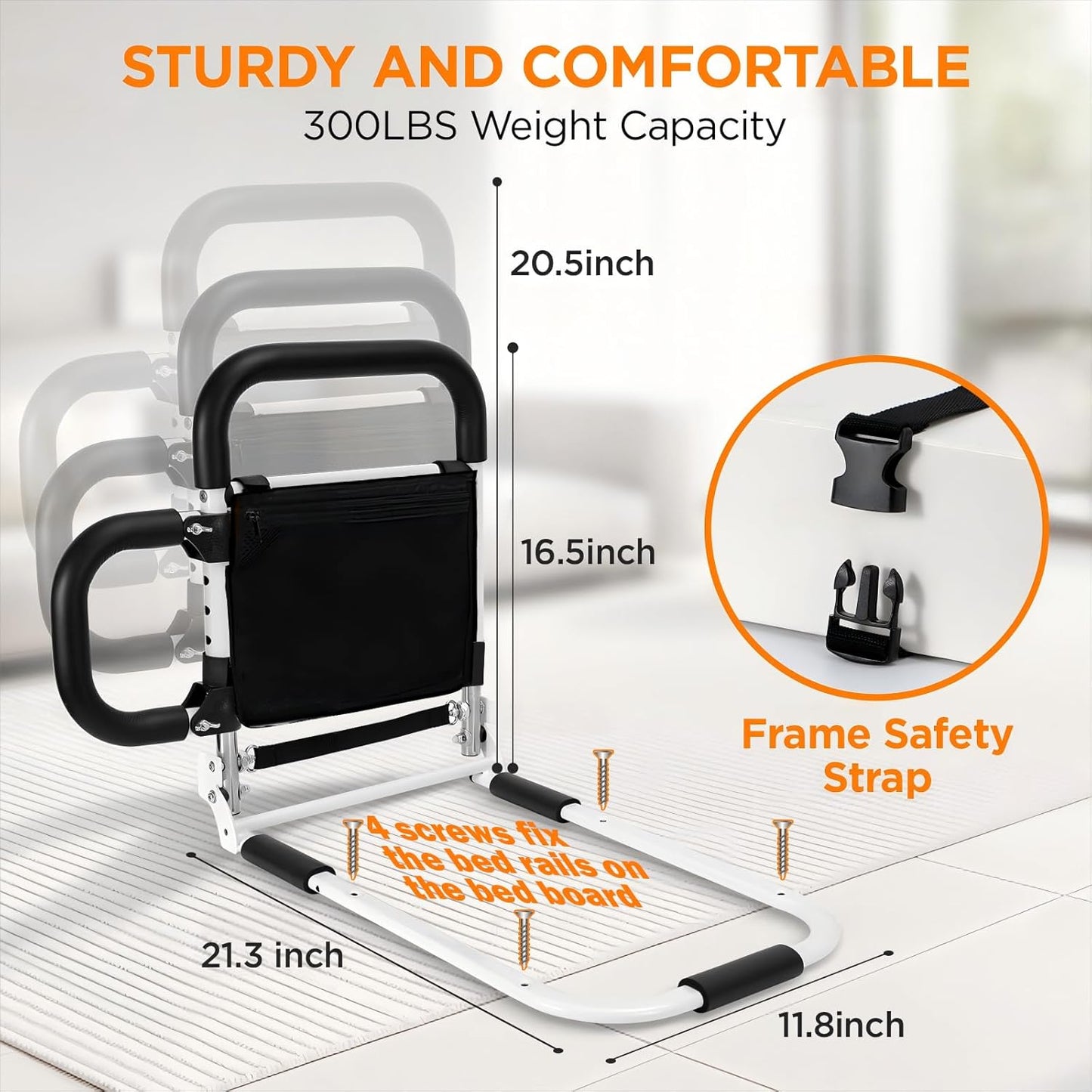 Foldable Bed-Rails for Elderly Adults Safety with LED Night Light and Three Storage Pockets, Adjustable Bed-Assist-Rails for Seniors,Portable & Sturdy Grab Bar Bed Cane for King/Queen/Full/Twin