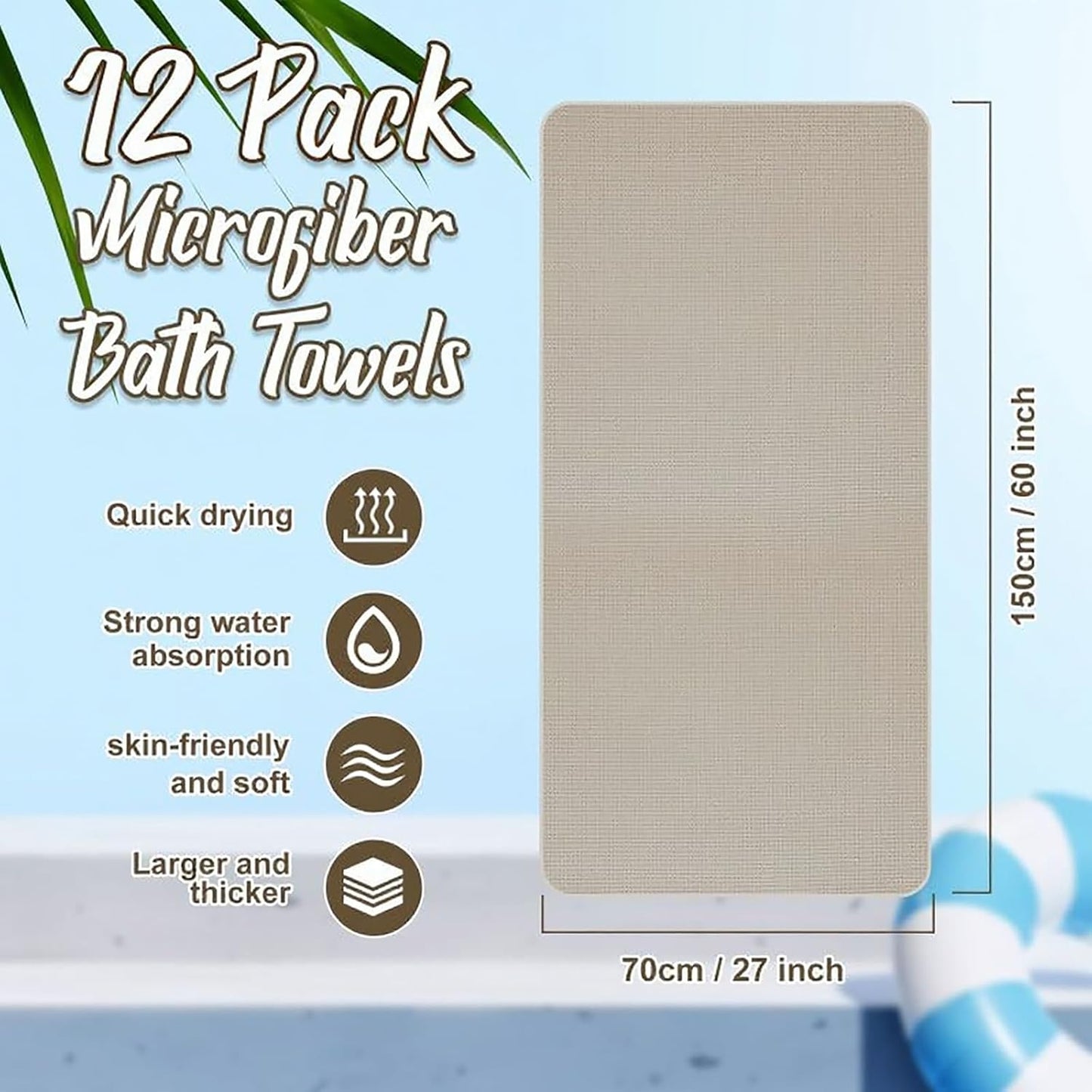 12 Pack Microfiber Bath Towels Bulk 27'' x 60'' Oversized Size Bath Towel Highly Absorbent Extra Large Soft Drying for Shower Beach Salon Winter Sport Spa Gym (Waffle,Beige)