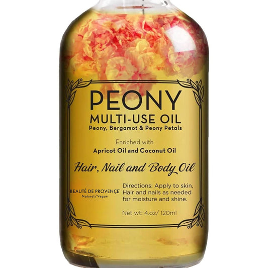 BEAUTE DE PROVENCE Peony Multi-Use Oil for Face, Body and Hair - Organic Blend of Apricot, Vitamin E Sweet Almond Oil for Dry Skin, Rose Petals & Bergamot Essential Oil - 4 Fl Oz