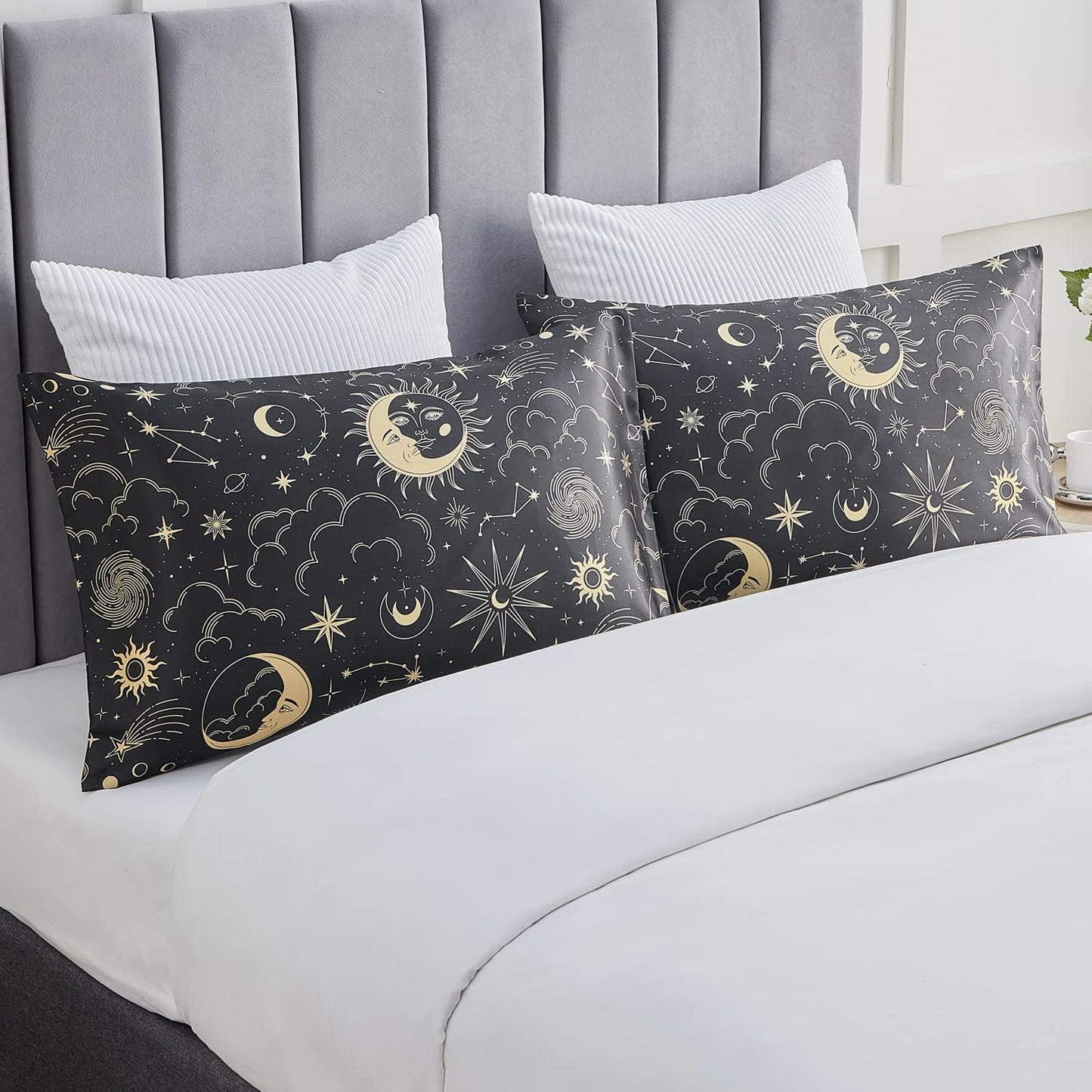 EXQ Home Satin Pillowcase for Hair and Skin Queen - Black Printed Silk Pillow Cases 2 Pack 20x30 inches - Satin Pillow Cases Set of 2 with Envelope Closure, Gifts for Women Men