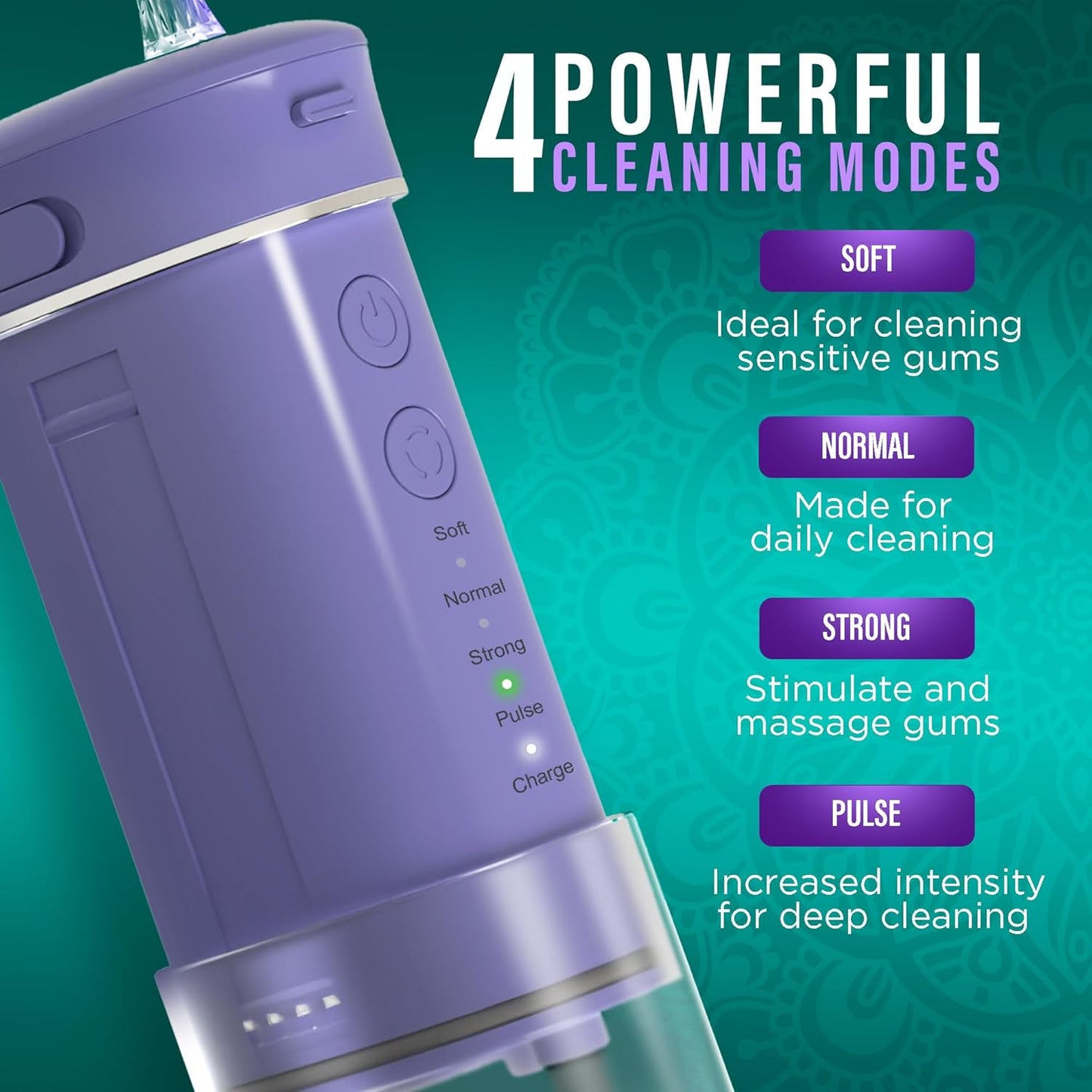 GuruNanda Compact Water Dental Flosser, Portable Travel Size Oral Irrigator Flosser with Collapsible 180 ml Tank, Smart Timer, 4 Flossing Modes, TSA-Approved - Lavender