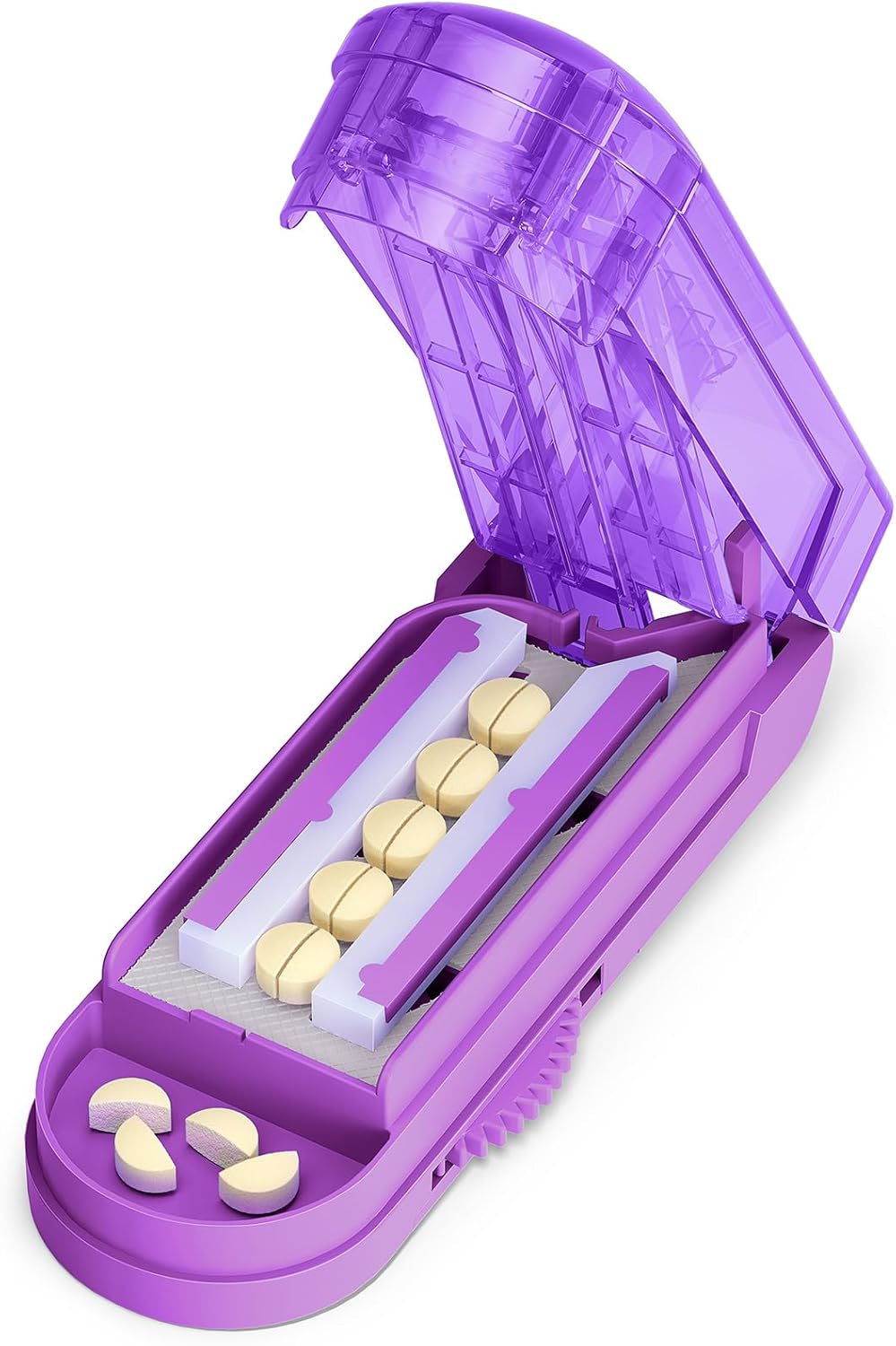 ONE PIX Pill Cutter Splitter for Small and Tiny Pills, Pill Cutter for Cutting Multiple Pills at a Time in Half with Hidden Sharp Stainless Steel Blade, Purple