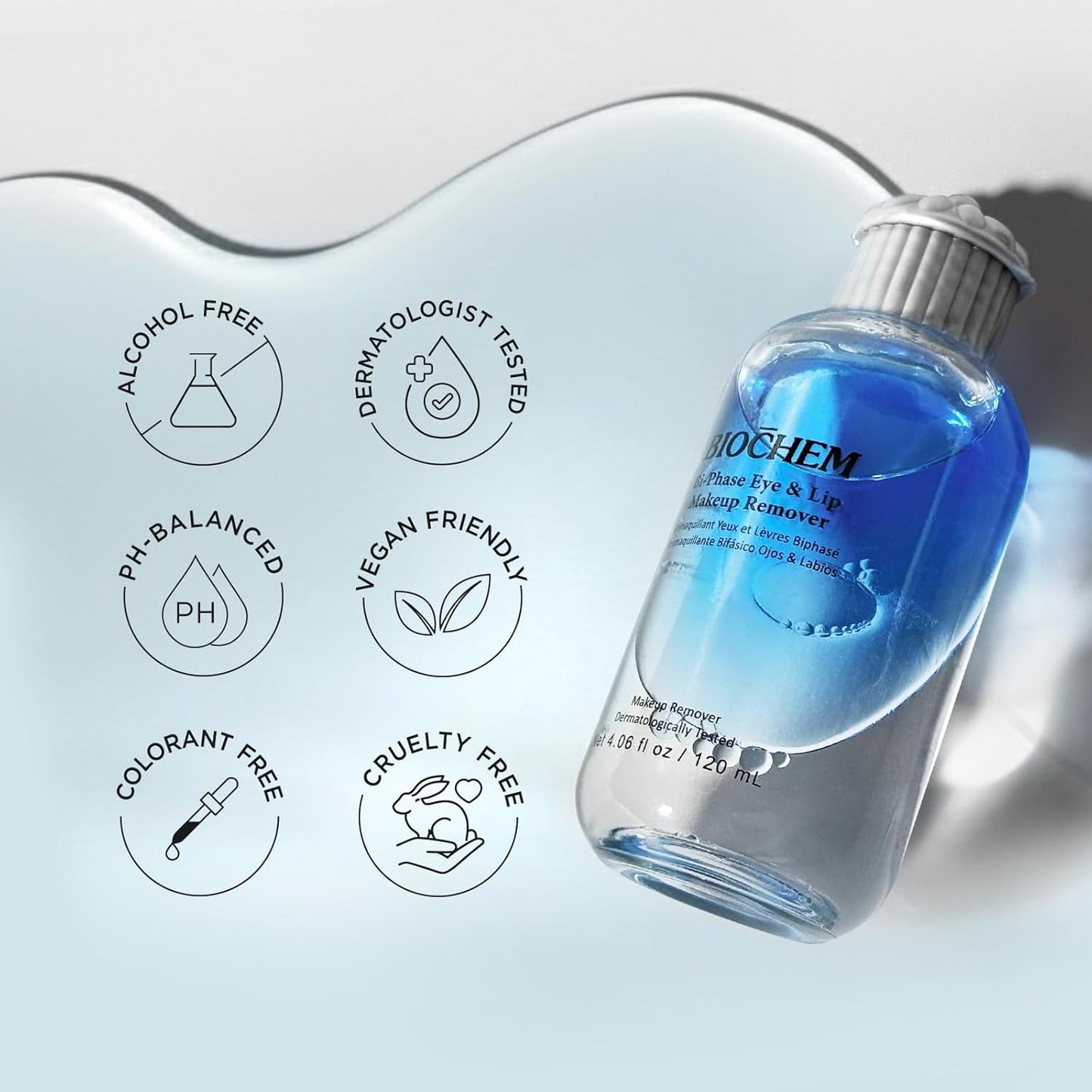 BIOCHEM Bi-Phase Eye & Lip Heavy Makeup Remover, Waterproof Mascara Remover, Gentle Cleanser liquid for Makeup with Natural Ingredients for Sensitive, Normal Skin Types (4.06 fl. oz / 120 ml)