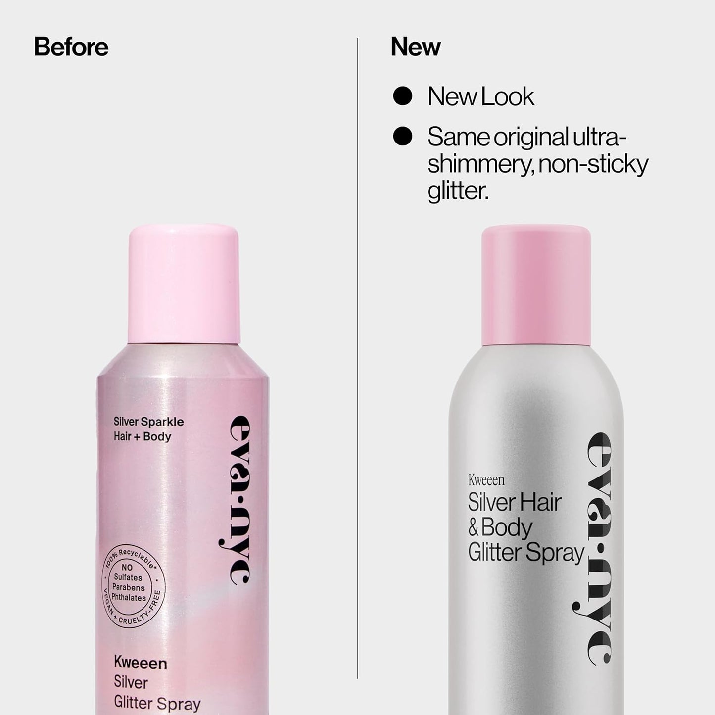 Eva NYC Kweeen Silver Hair and Body Glitter Spray - Our Original Ultra Shimmery Glitter, New Look - Adds Shine + Non-Sticky - Quick Drying Sparkle Spray - Warm Vanilla Scent - 4.9 oz