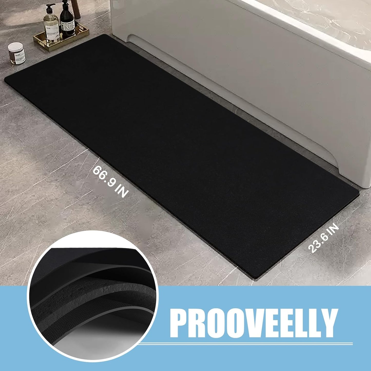 Diatomaceous Earth Bath mat Bathroom Rugs Super Absorbent Quick Dry Non Slip Bath Mat Thin Bathroom Floor Mats Fit Under Door-Shower Rug for in Front of Bathtub Shower, Black, 23.6"x47.2"