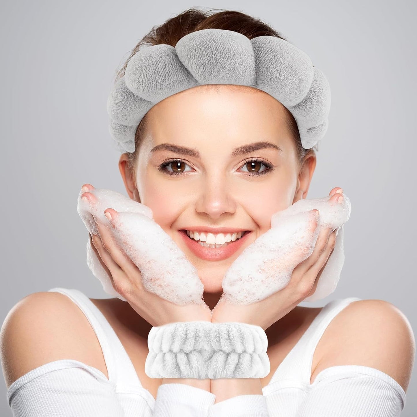 Zkptops Spa Headband for Washing Face Wristband Set Sponge Makeup Skincare Terry Cloth Bubble Soft Get Ready Hairband for Women Girl Puffy Padded Headwear Non Slip Thick Hair Accessory(Grey-2)
