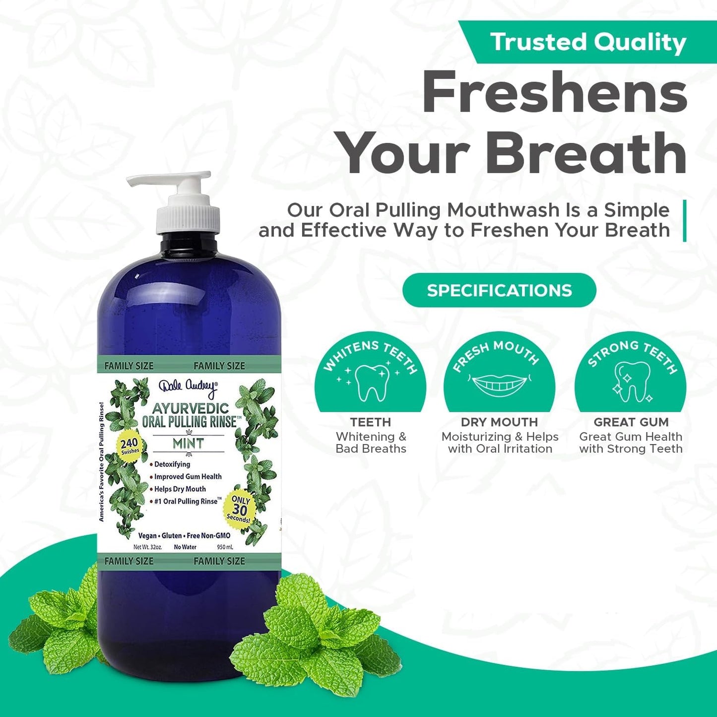 Organic Oil Pulling for Teeth and Gums | Refreshing Mint Flavored Oral Rinse Mouthwash for Bad Breath-Essential Oils for Teeth Whitening & Gum Care | Mouthwash for Fresh Breath, Family Size-32 FL Oz