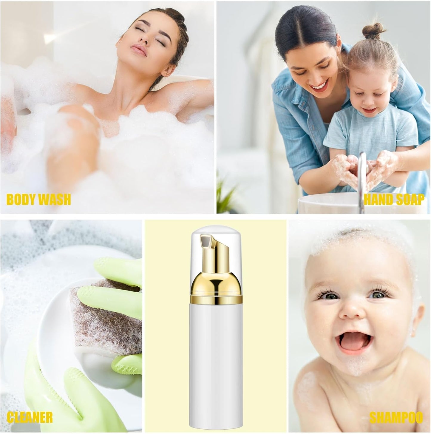 Lil Ray 2 Oz Empty White Foam Pump Bottle, Foamer Soap Dispenser for Lash Shampoo, Hand Soap, Foaming Cleaner(Gold Pump, 12 PCS)