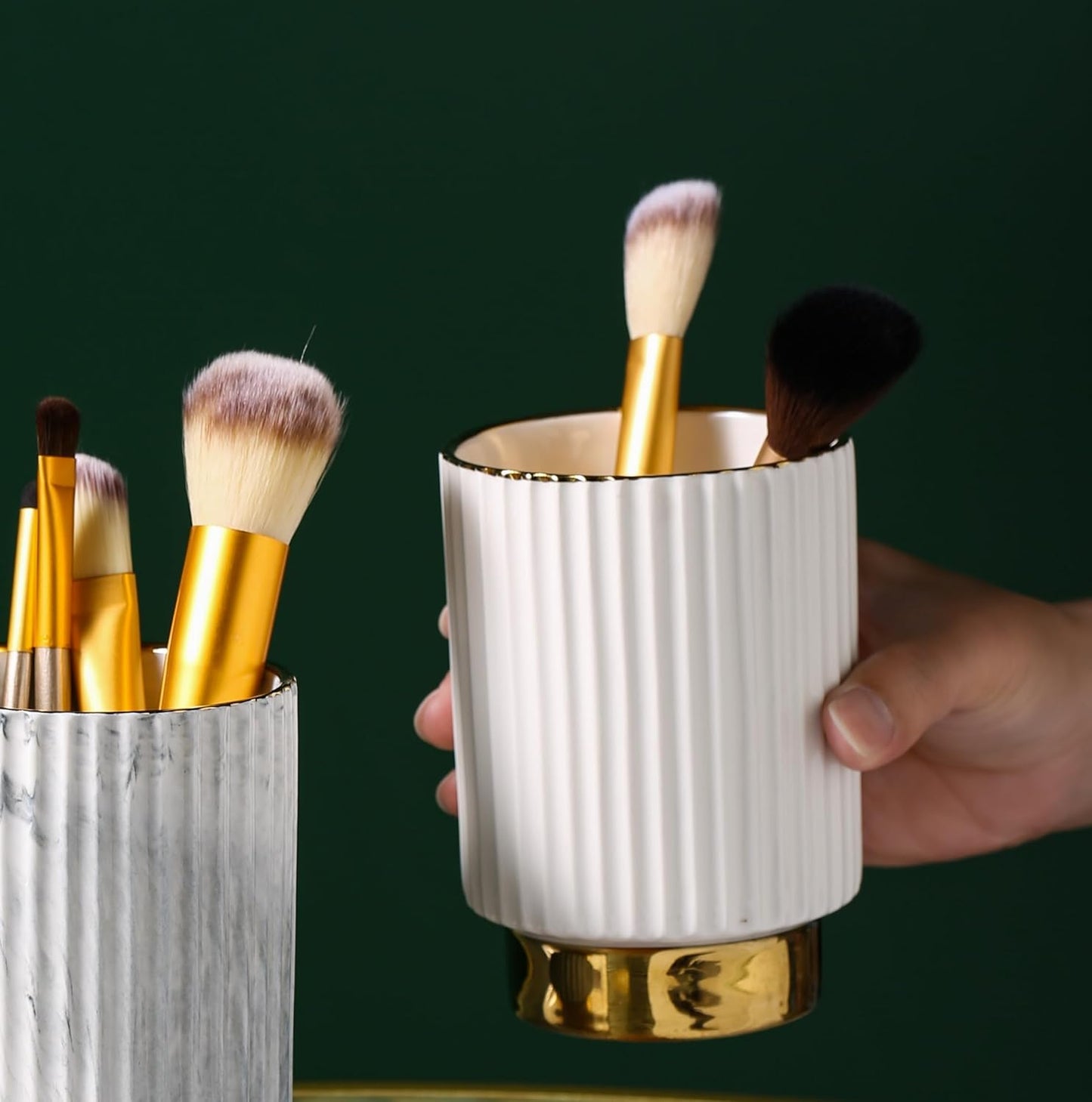IEEK Makeup Brush holder Organizer,Glass Cosmetic Makeup Brush Cup Ceramics Brushes Storage Holder,White and Gold Modern Make Up Brush Cup Pen Pencil Holder Striped Vase