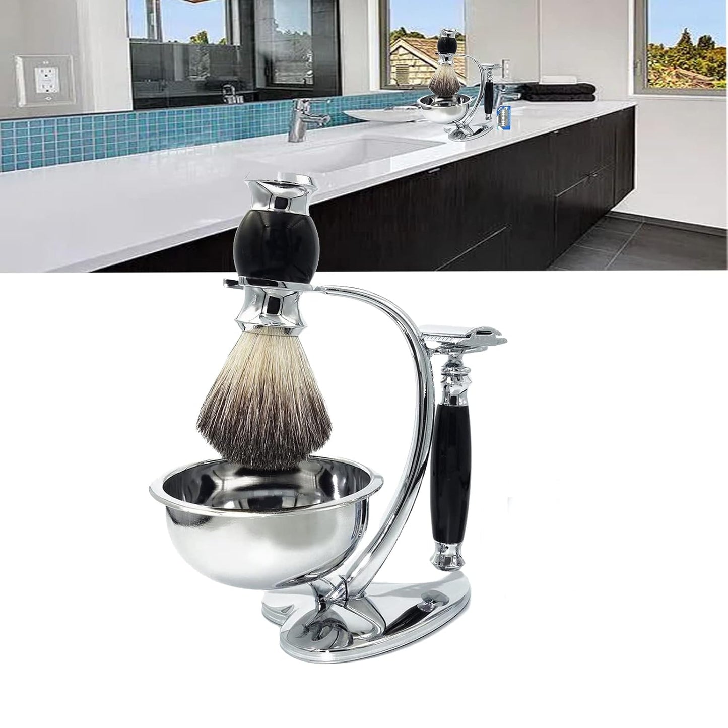 Classic Men's Double Edge Safety Razor Kit includes Pure Badger Hair Shaving Brush,Heart Shape Razor & Brush Stand Holder and Shaving Bowl Christmas Original Gift Set