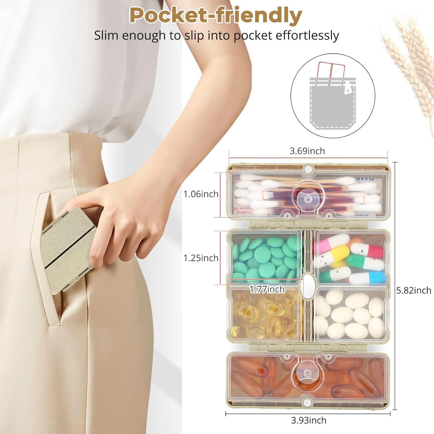 Zentiky Small Daily Pill Organizer with Labels, Medicine Pill Organizer Fit with Your Purse or Pocket for Travel to Hold Vitamin, Fish Oil, Supplement,Cotton Swabs, Bandages or Jewelry-Khaki
