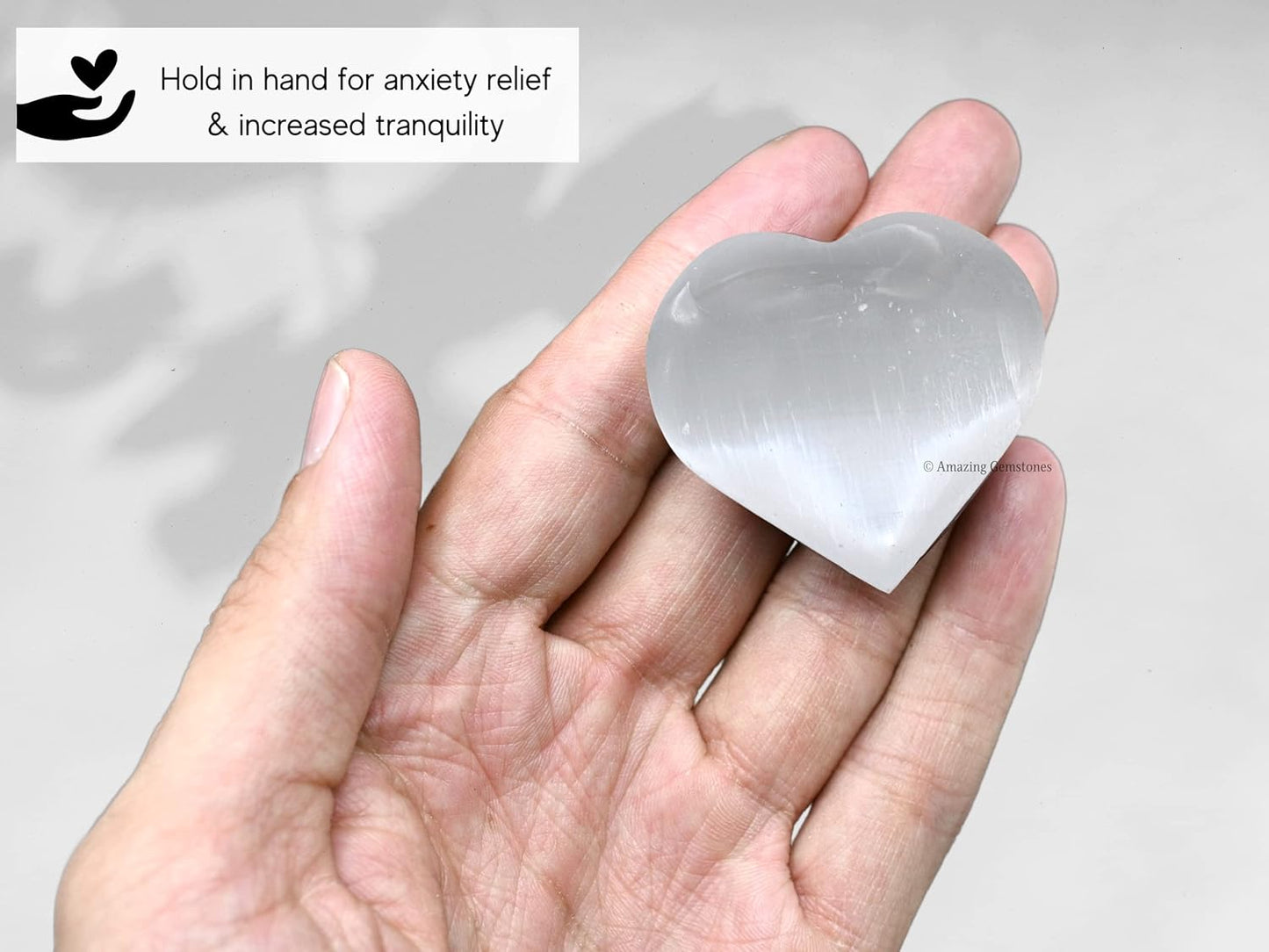 Selenite Crystal Heart Palm Stone - Pocket Massage Worry Stone for Natural Body Chakra Balancing, Reiki Healing and Crystal Grid