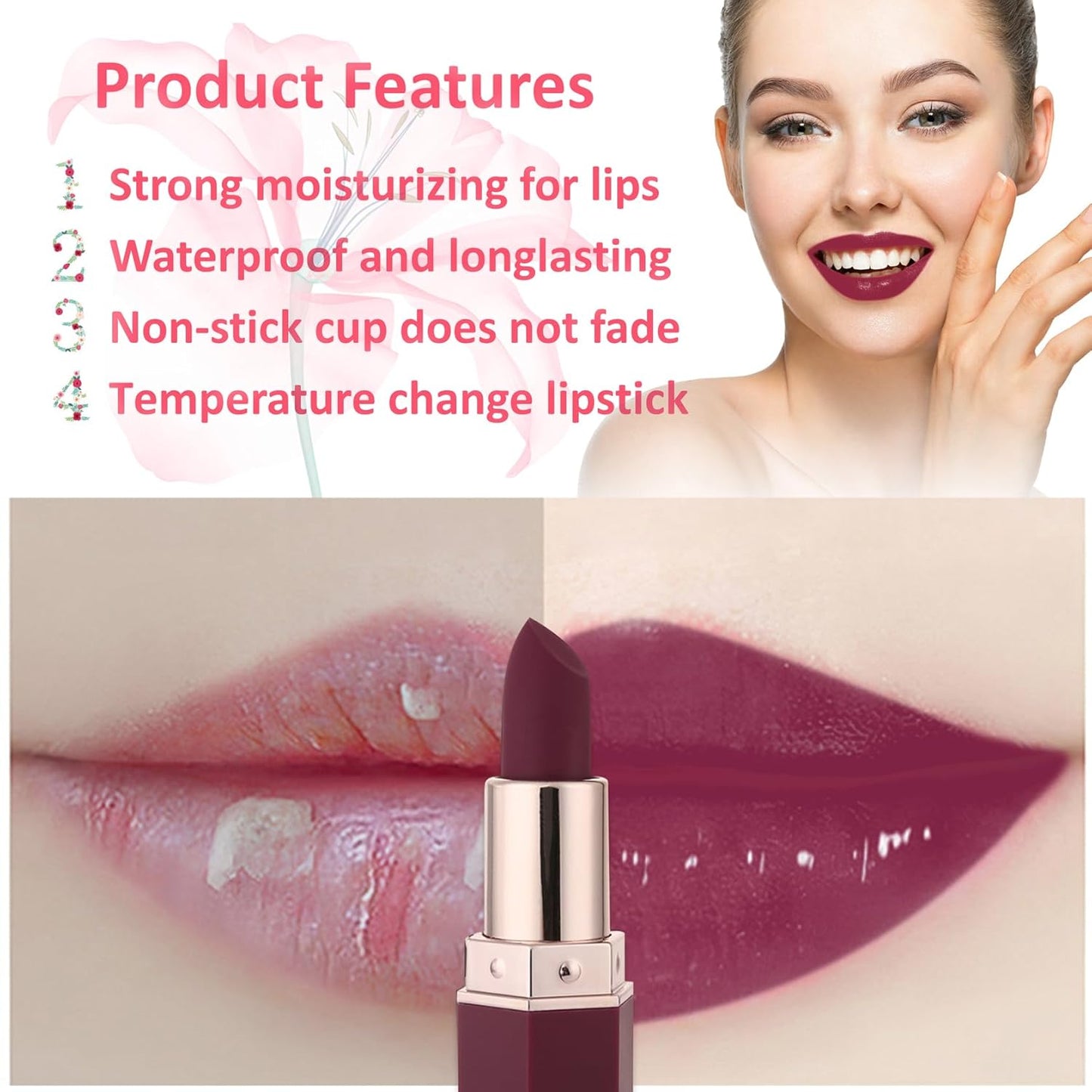 1 Pack Crystal Flower Jelly Lipstick,Magic Color Changing Lipstick,PH Clear Temperature Color Changing Lip Gloss,Lip Balm,Long Lasting Nourishing Moisturizing Lip Stick Set H06