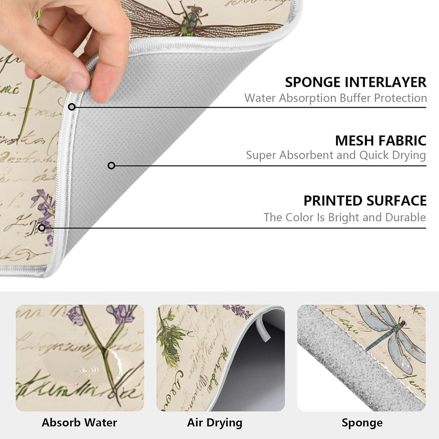 Handwritten Dragonfly Butterfly Dish Drying Mats for Kitchen Counter, 18x24 inch Drying Dishes Absorbent Microfiber Dish Drainer Mat Rack Pad Fast Dry