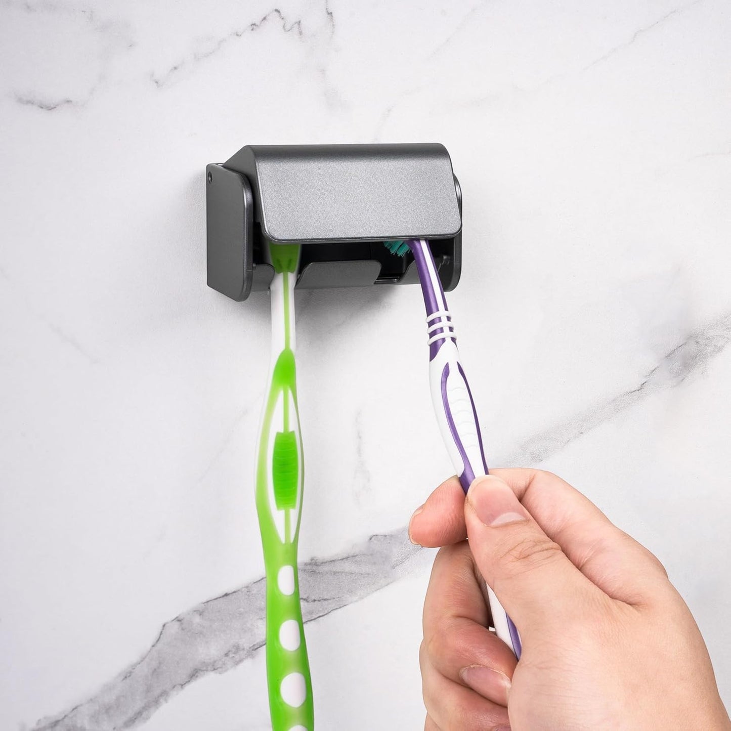 Toothbrush Holder Wall Mounted with Cover for Bathroom, 2 Slots Toothbrush Storage Organizer for Shower, Self Adhesive Toothbrush Hanger Rack for Dorm, Cabinet (Brushed Grey)