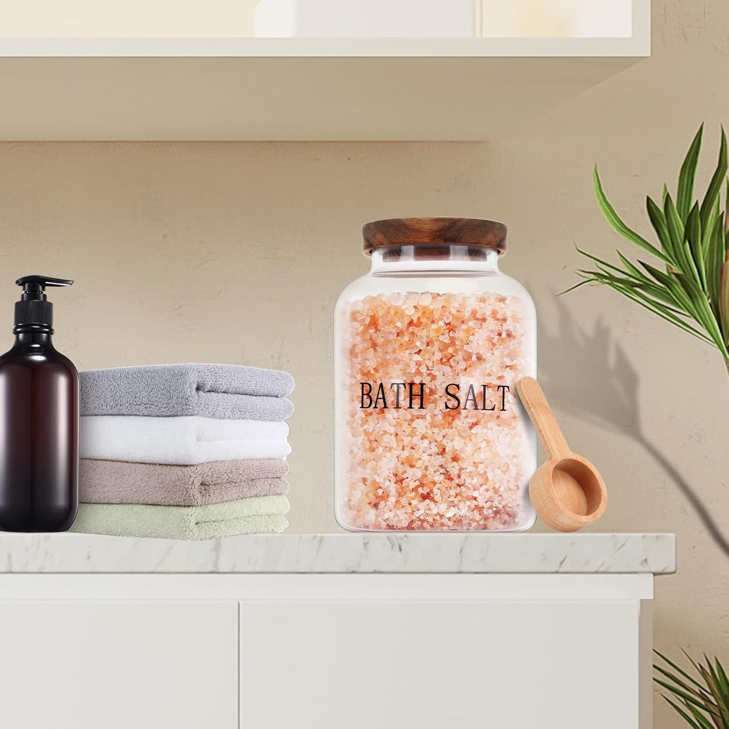 2Pcs 74 oz Glass Bath Salts Jar,Bath Salt Container with Wooden Lid and Scoop,Bathroom Organizers and Storage,for Bathroom Bath Decor,Home Decor,Bathtub Accessories for Women