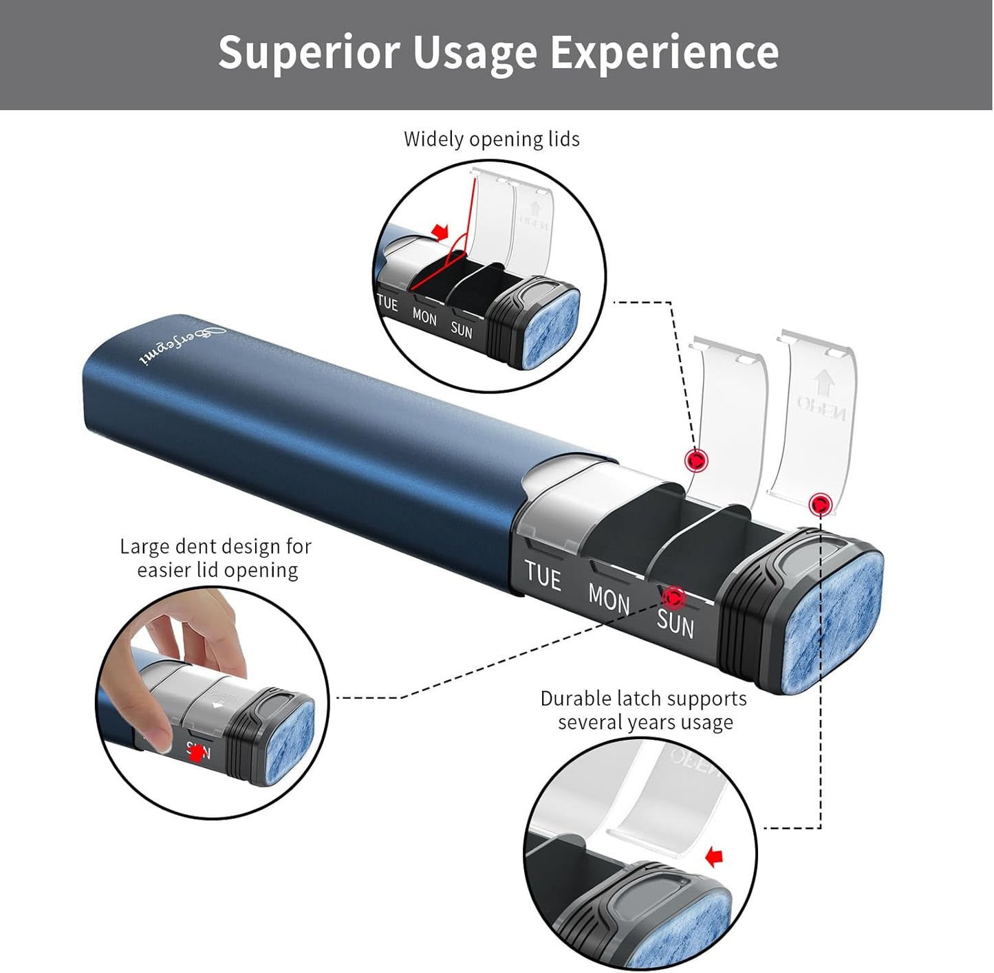 Metal Weekly Pill Organizer, Serfeymi Aluminum Daily Pill Box(Spare Gasket Provided),7 Day Pill Case Travel Medicine Organizer,Pill Containers with Individual Lid for Vitamins,Pills, Supplement-Blue