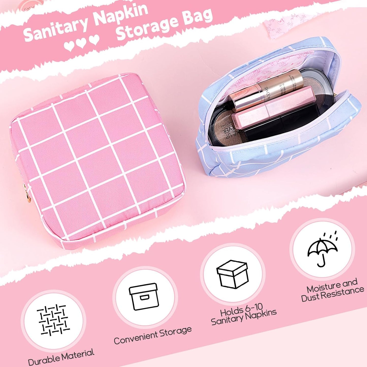 Desing Wish Period Bag Pouch Soft Cloth Sanitary Napkin Storage Bag Portable Menstrual Pad Pouches Tampon Holder for Purse First Period Kit for Girls 9-12 (Red-Blue Check)