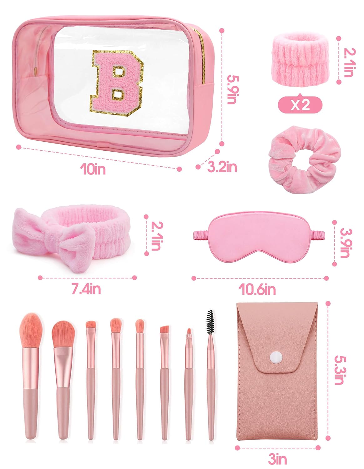 Gift Sets for Women, Initial Makeup Bag with Makeup Brush Set Bachelorette Party Favors, Pink Spa Kit with Skincare Headbands Wrist Bands Sleepover Party Supplies Gifts for Teen Girls Bridesmaid B