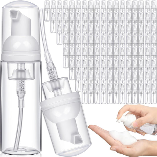 Dandat 120 Pcs 2 oz Plastic Foam Soap Dispensers Bulk Refillable Foaming Pump Bottle Empty Mini Shampoo Lash Cleaning Bottles for Travel Cosmetics Hand Soap(Clear)