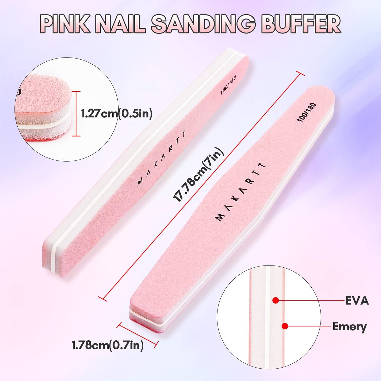 Makartt Nail Buffer Block, 100/180 Grit Sponge Nail Files, 10pcs Double Sides Pink Nails Sanding Filer for Acrylic Gel, Professional Manicure Art Buffering Kit for DIY Salon Use