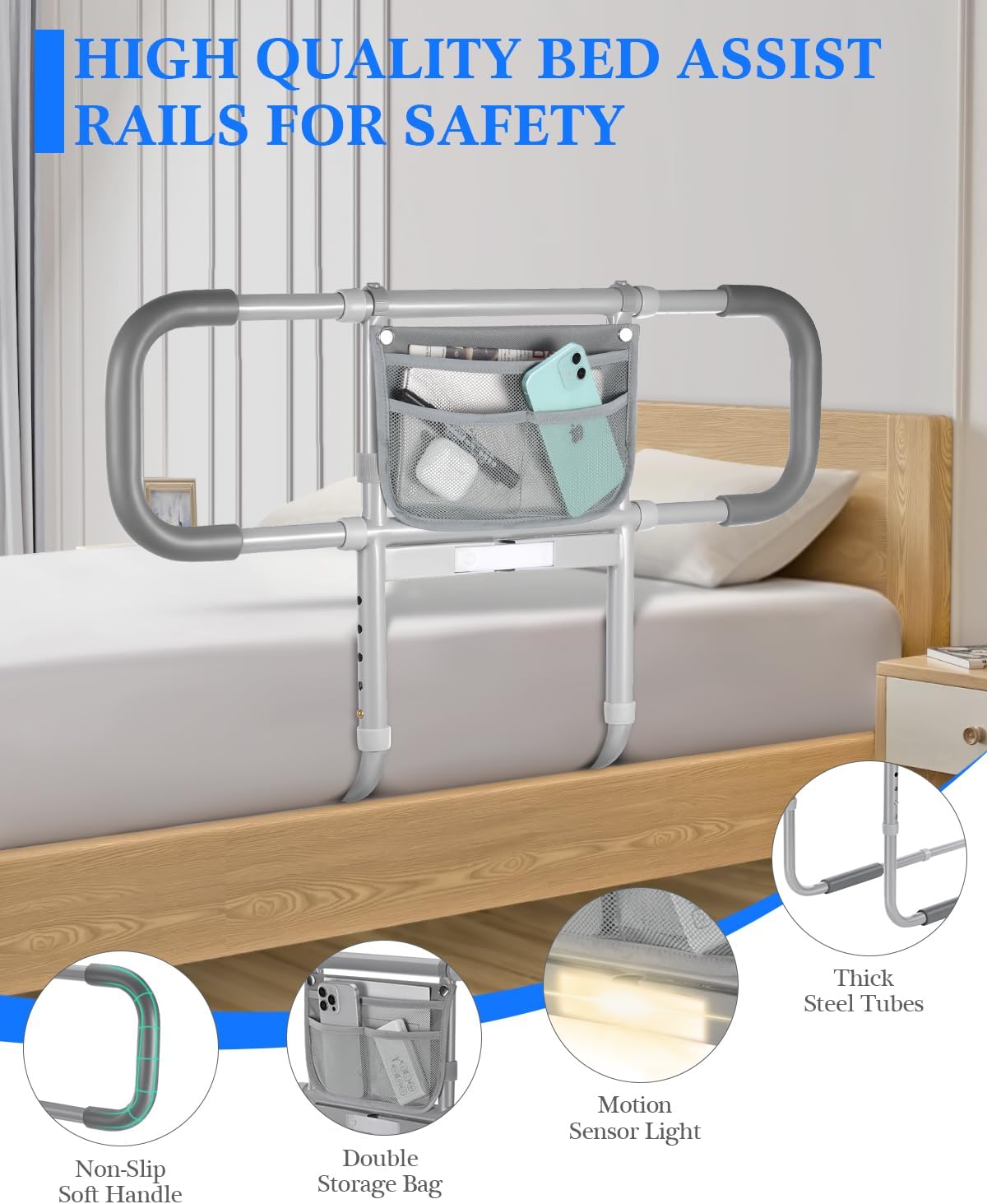 Bed Rails for Elderly Adults Safety, Extended Beds Assist Rail for Seniors with Motion Sensor Light - Adjustable Side Bed Guard Rails Handle Support Bar with Storage Bag, Fit King Queen Full Twin Bed
