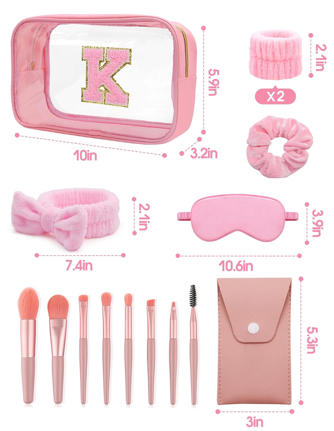 Gift Sets for Women, Initial Makeup Bag with Makeup Brush Set Bachelorette Party Favors, Pink Spa Kit with Skincare Headbands Wrist Bands Sleepover Party Supplies Gifts for Teen Girls Bridesmaid K