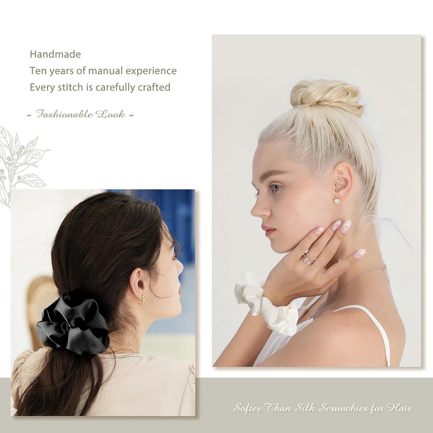 4PCS Large Satin Silk Scrunchies for Women - Big Glossy Scrunchie for Thick Hair Girl Hair Ties Ponytail Holders Jumbo Scrunchies (Black White Silver Champagne)