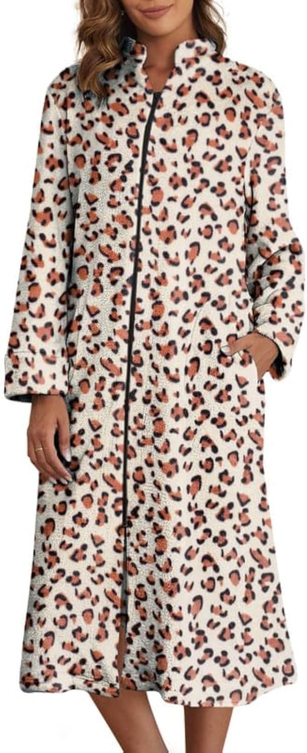 Ekouaer Women's Zip Up Robe Fleece Bathrobe Long Zipper Lounger Warm Housecoat Long Sleeve Nightgown with Pockets S-XXL