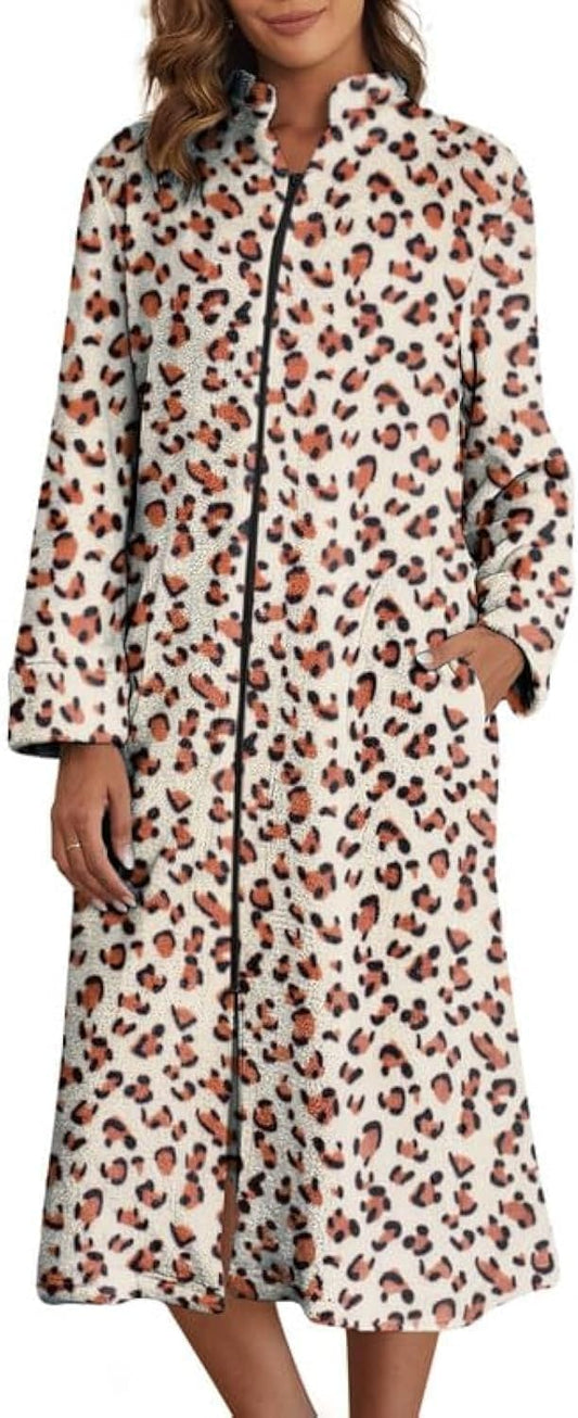 Ekouaer Women's Zip Up Robe Fleece Bathrobe Long Zipper Lounger Warm Housecoat Long Sleeve Nightgown with Pockets S-XXL