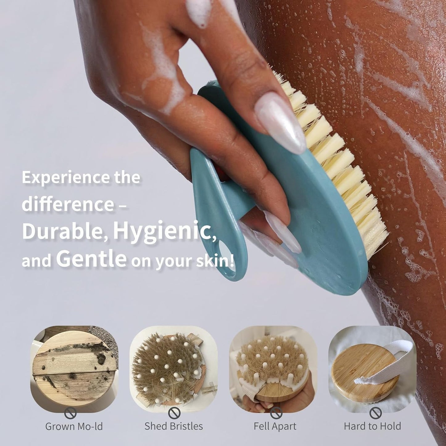 Body Scrubber 2 Pack, BEAUTAIL Gentle Exfoliating Shower Bath Brush, Soft Bristle Brushes for Sensitive Skin Women Men, Non-Slip Hand-Clip, Durable and Long Lasting (Blue+Gray)