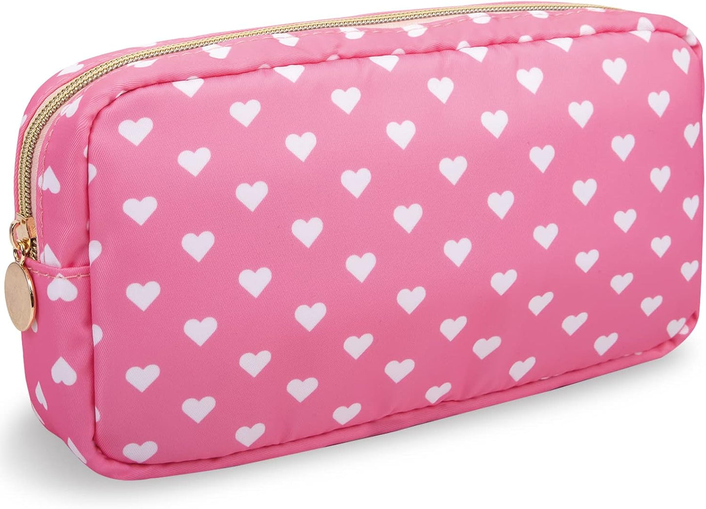 Nylon Small Makeup Bag for Purse, Cute Makeup Bag Preppy Cosmetic Zipper Pouch Purse, Waterproof Portable Travel Toiletry Bag Clutch Makeup Brush Bag Organizer Storage for Women Men Girls(Pink Heart)
