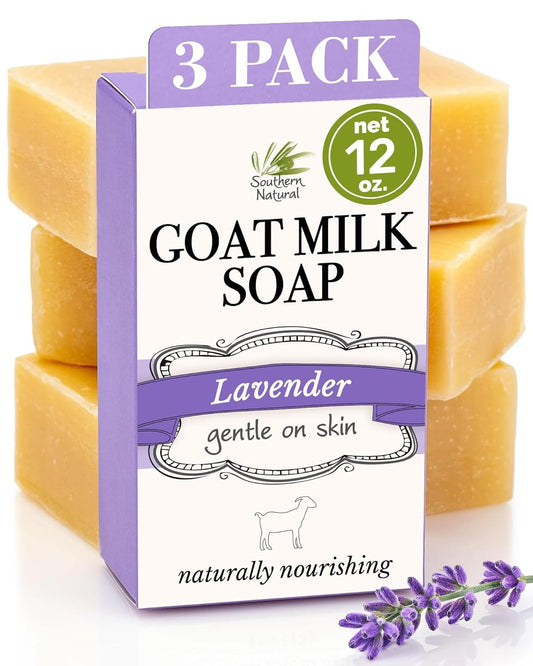 Southern Natural Goat Milk Soap Bar (Lavender 3 Pack) For Dry Sensitive Skin. Natural, Handmade Soap For Men, Women, Kids & Baby. Use On Face & Body