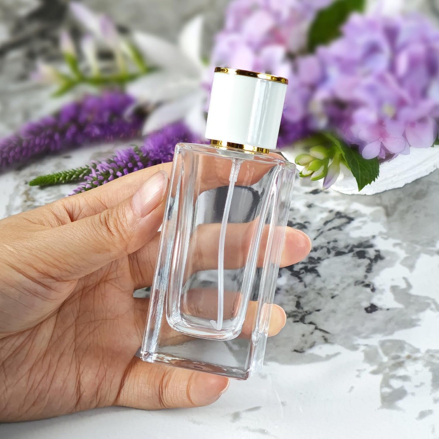 2 Pack 50ml/1.7 Oz Glass Spray Bottle Perfume Atomizer,Empty Travel Refillable Perfume Spray Bottle with 3 Kinds of Dispenser (White Cap, 50ml)