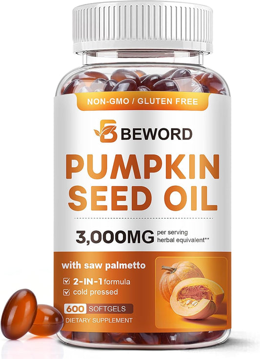 Pumpkin Seed Oil with Saw Palmetto Softgels, 3000mg Per Serving, 600 Softgels | Cold-Pressed with Essential Fatty Acids & Phytosterols | Supports Hair, Urinary, Bladder & Prostate Health | Non-GMO