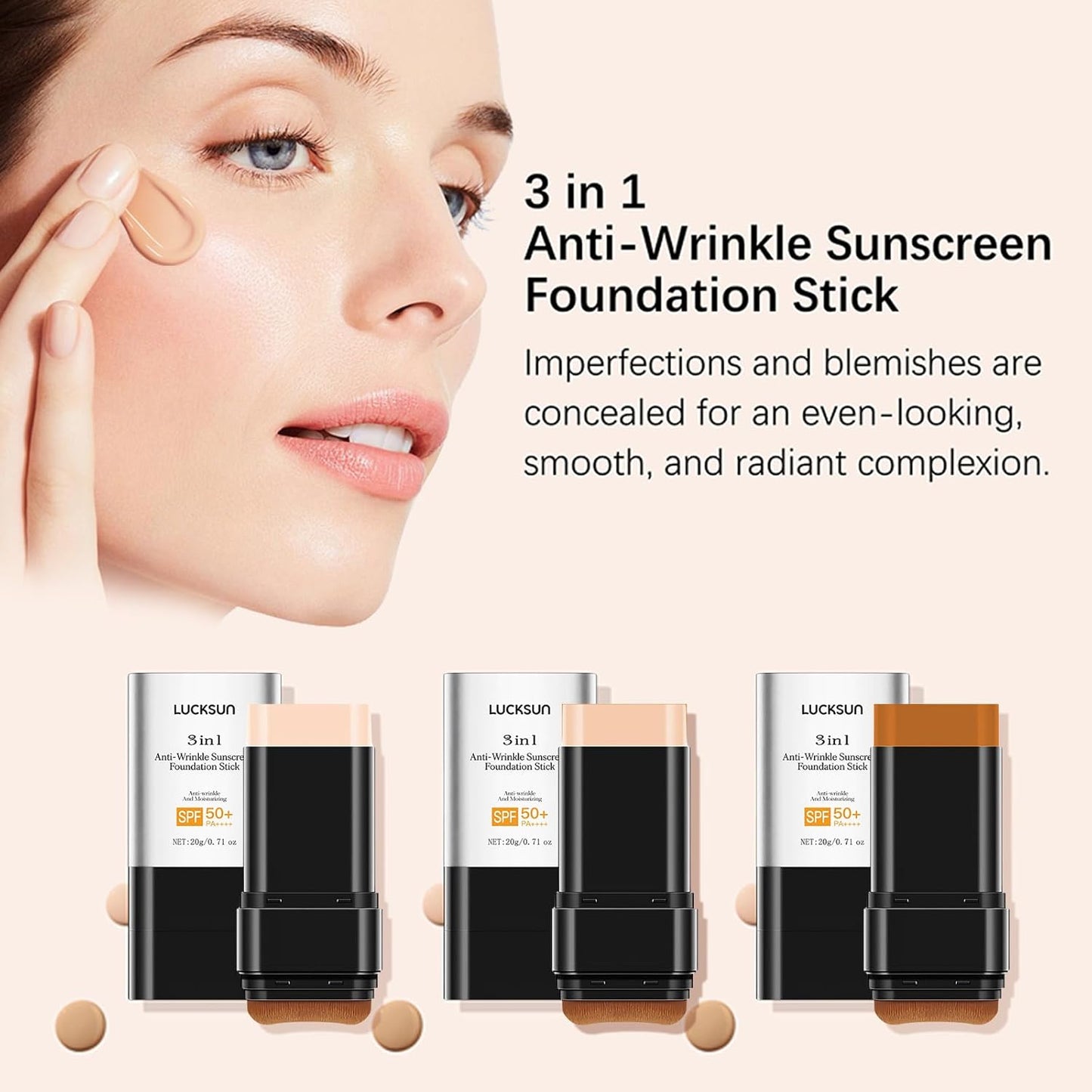 3 in 1 Anti-wrinkle Hydrating Lightweight Foundation Stick Concealer & Makeup, Multi-Use Long-Lasting Formula for All Skin Types (Light, 20g/0.71oz)