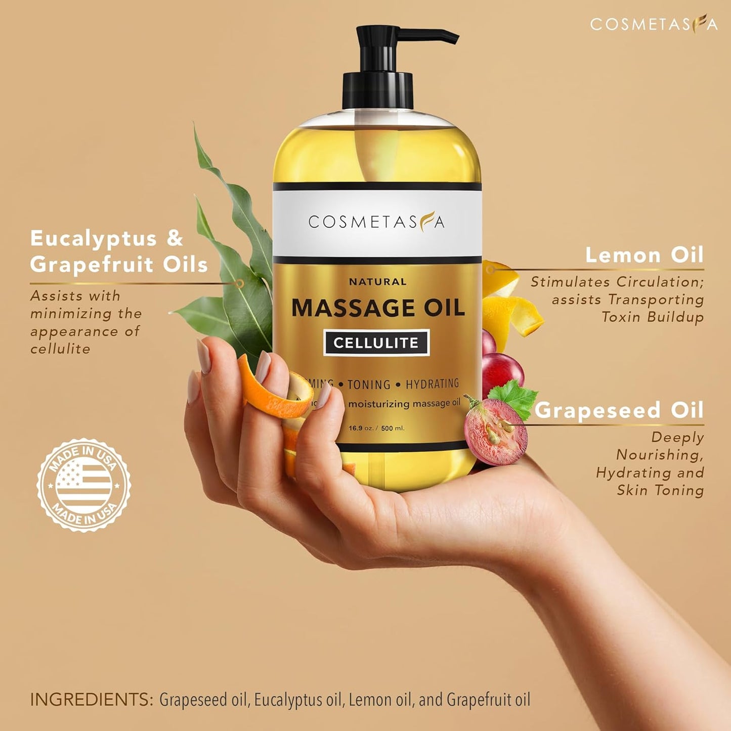 Cellulite Massage Oil & Hot Cream - 100% Natural Cellulite Oil & Gel, Highly Absorbable, Firm, Tone, Tighten & Moisturize Skin - Soothes Muscles (16.9 Fl Oz Each Bottle)