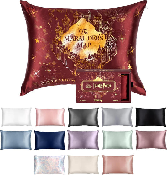 Blissy Silk Pillowcase - 100% Pure Mulberry Silk - 22 Momme 6A High-Grade Fibers - Silk Pillow Cover for Hair & Skin - Regular, Queen & King (Harry Potter - Marauder's Map, Queen)