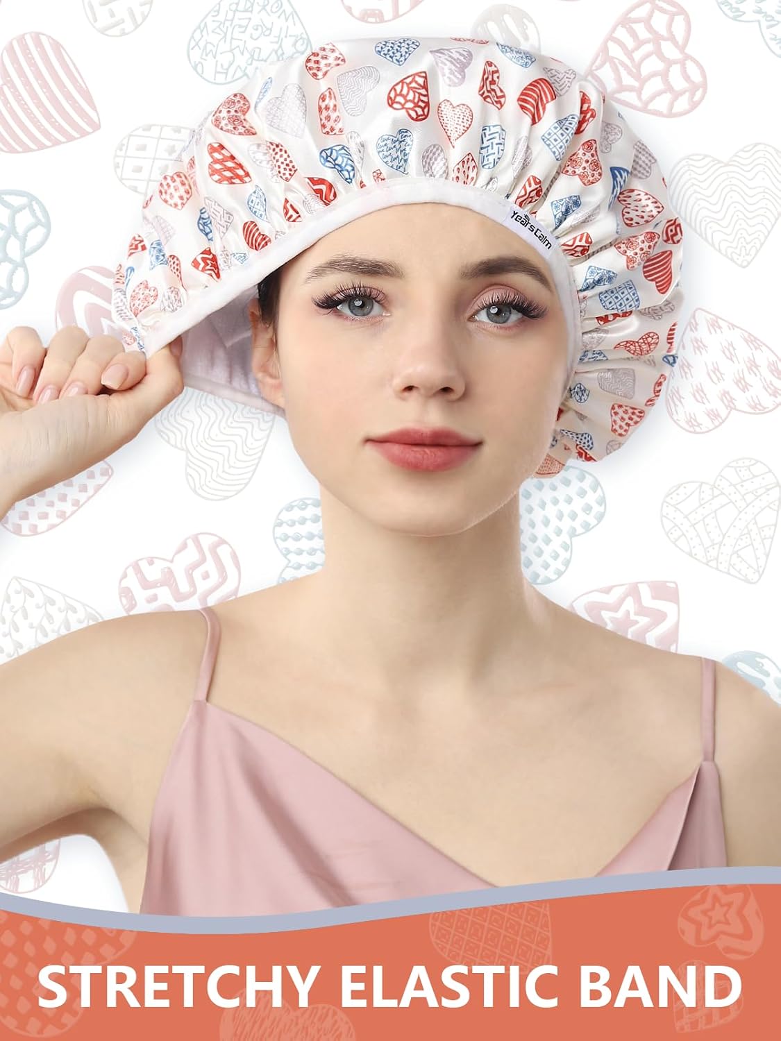 Years calm Terry Lined Shower Cap, Triple Layer Heart Motifs,Waterproof Reusable Elastic,Hair Shower Cap for Women,Terry Cloth Shower Caps for Spa,Clean,Trave (White, One Size)