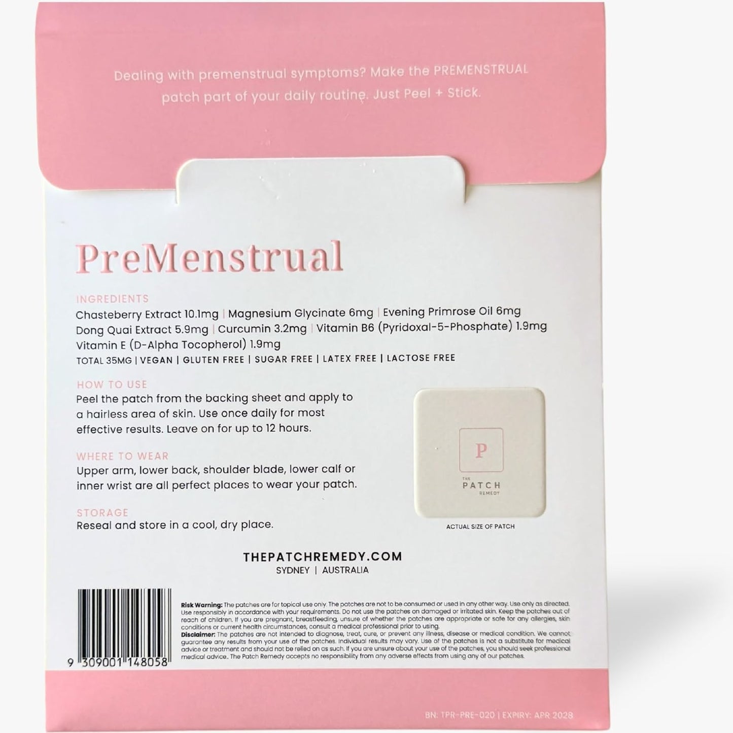 Pre Menstrual Patch | Chasteberry, Magnesium, Evening Primrose, Dong Quai, B6 & Vitamin E | 30 Patches