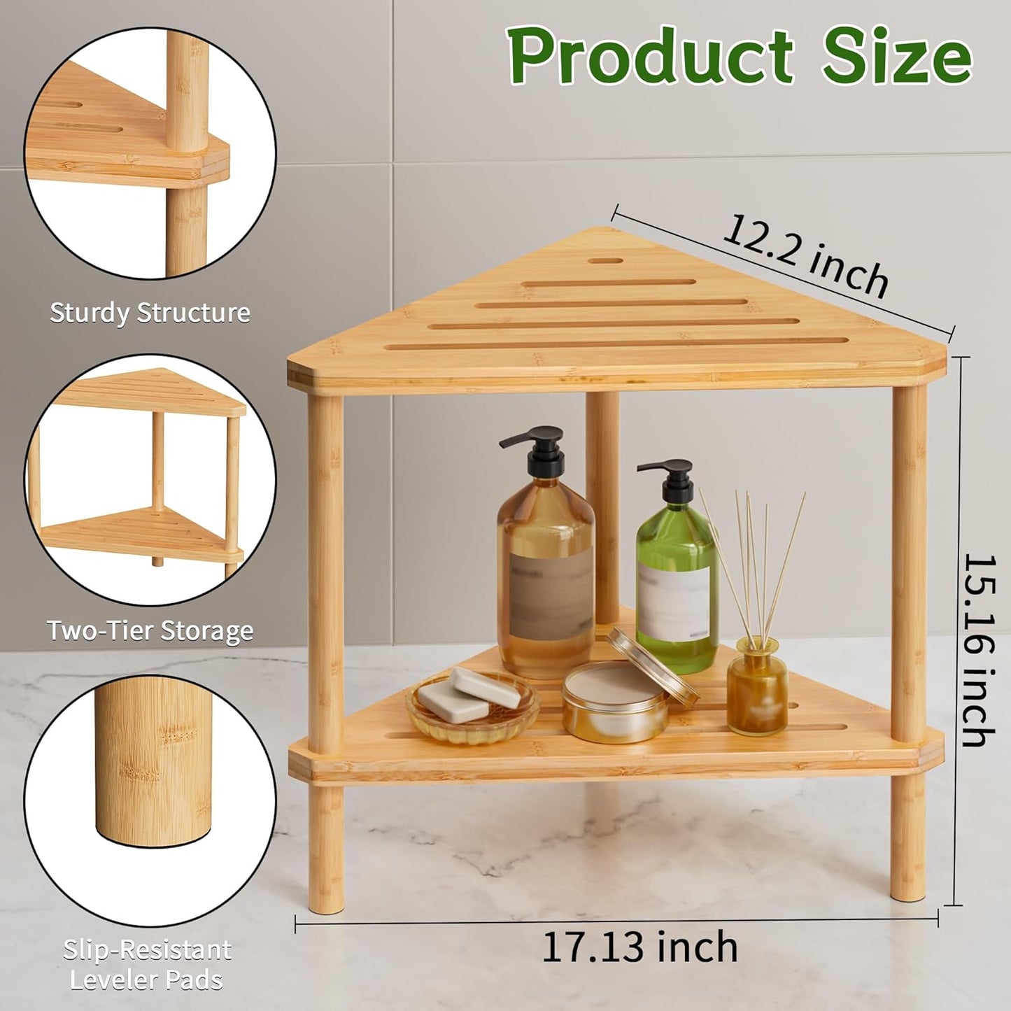 Bamboo Corner Shower Stool - Waterproof Shower Stool for Inside Shower, Shaving Legs & Small Spaces, 2-Tier Shower Foot Rest with Storage Shelf, Bath Seat & Corner Bench for Woman, Mom, Spa