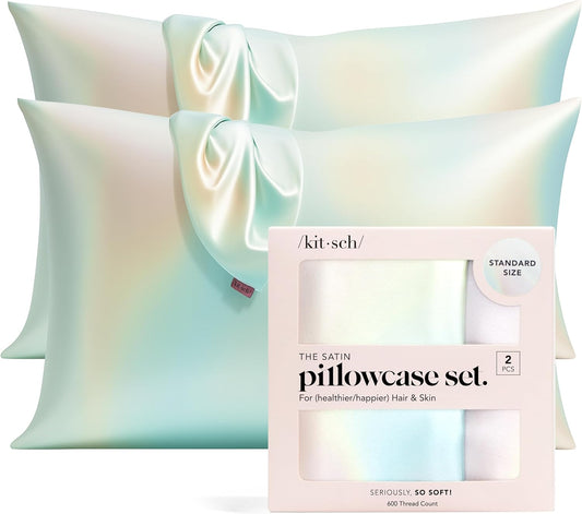 Kitsch Satin Pillowcase with Zipper for Hair & Skin, Softer Than Silk Pillow Cases Queen, Wrinkle-Free, Smooth and Cooling Satin Pillow Covers, Standard Size 19"x26" - Aura, 2pcs